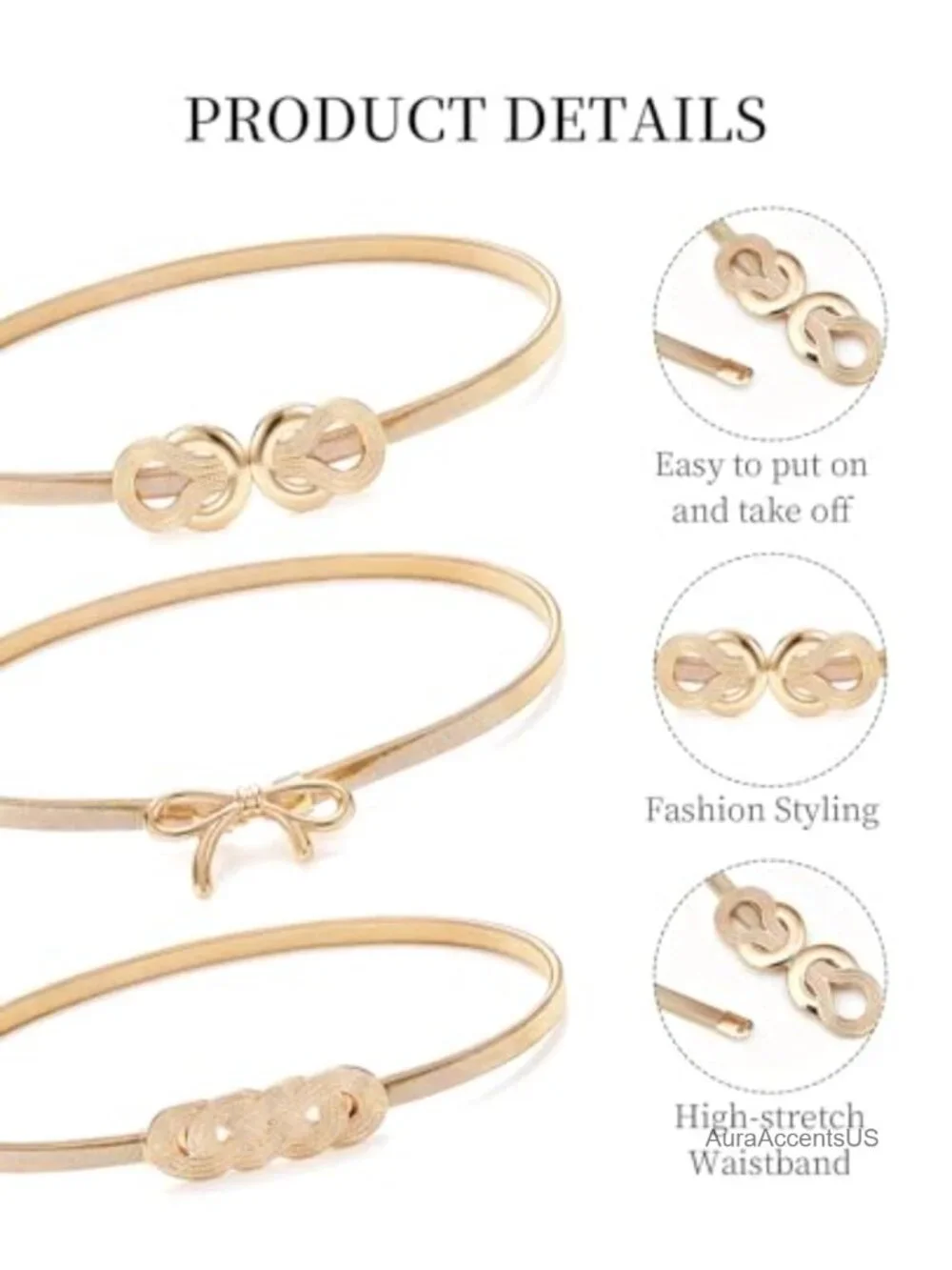 3pk Gold Metal Stretch Belt for Dresses, Thin Elastic Waist Belt